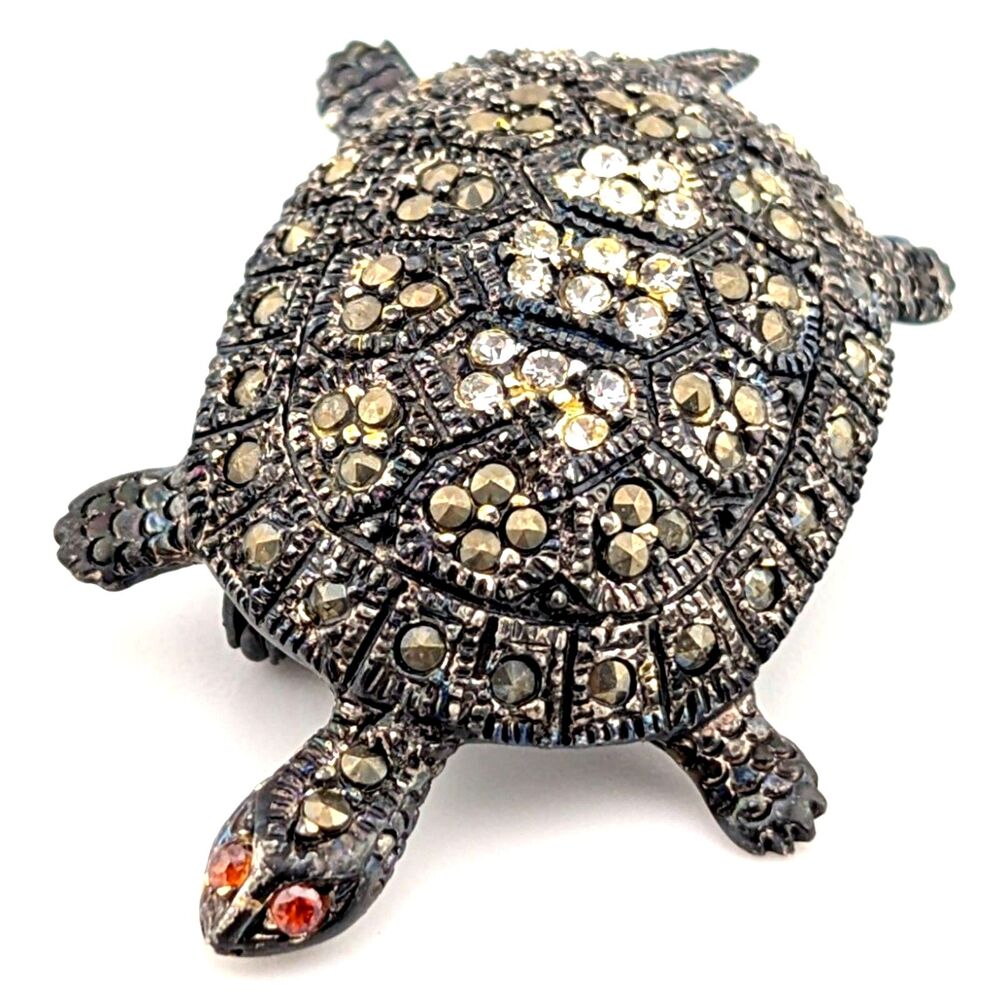 Turtle Sapphires Ruby Marcasite Brooch Pin Vintage Sterling silver Art Deco